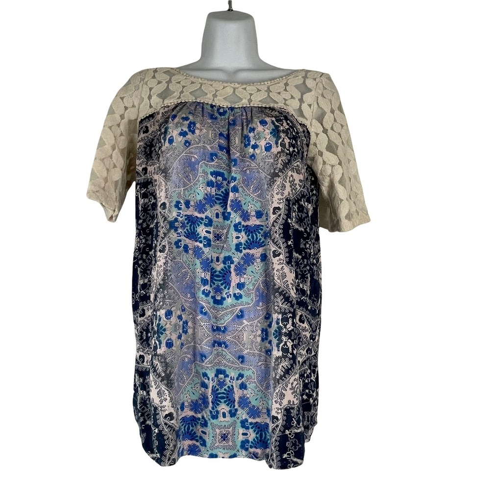 Free People Blue Paisley Medallion Lace Yoke Tunic Top Short Sleeve Size‎ XS